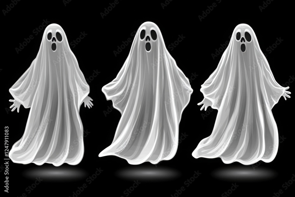 Three cartoonish ghosts with open mouths and flowing white sheets, appearing surprised or scared against a black background. Three cartoonish ghosts with open mouths and flowing white sheets, appearing surprised or scared against a black background.