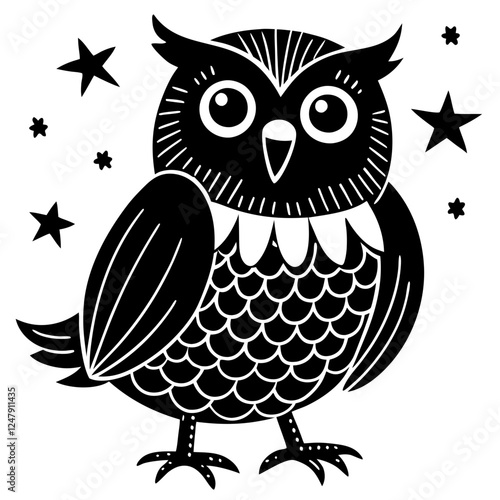 A cute, cartoon owl in the night white background vector art illustration