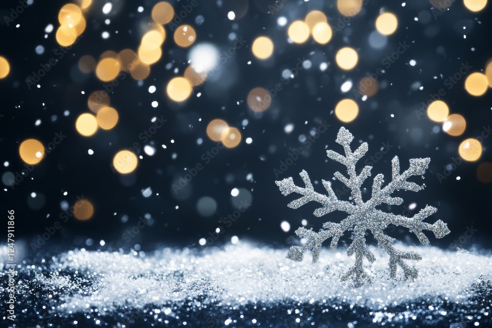 Fototapeta premium Abstract black background with bokeh lights and falling snowflakes, glittering white particles on a dark backdrop.