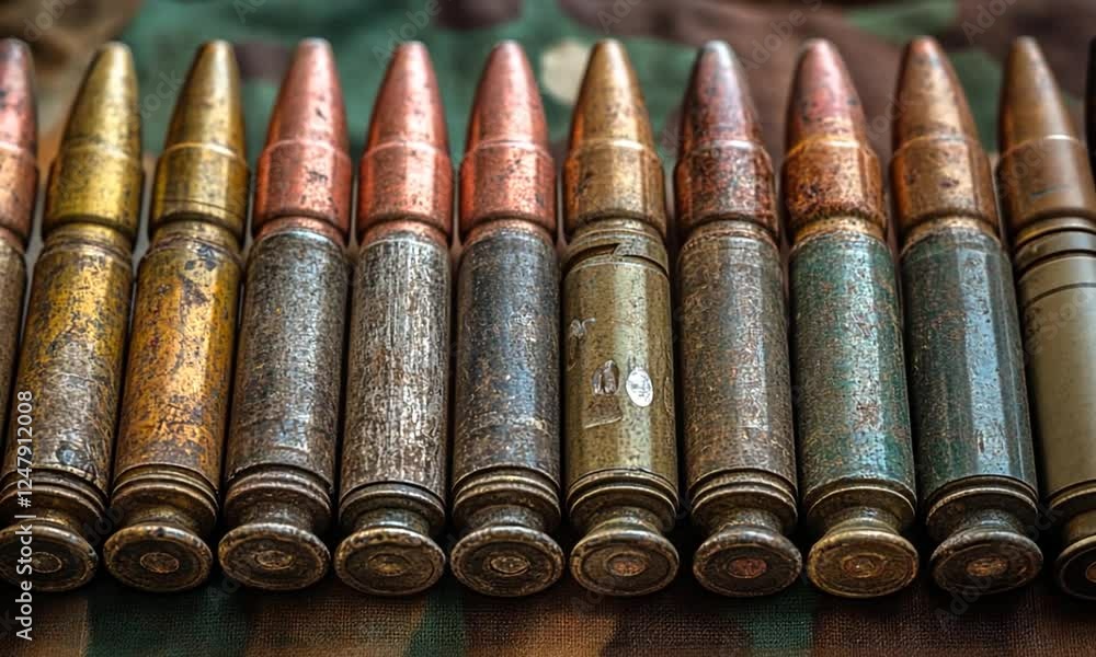 Close-up of various bullet casings arranged on a military fabric background Close-up of various bullet casings arranged on a military fabric background