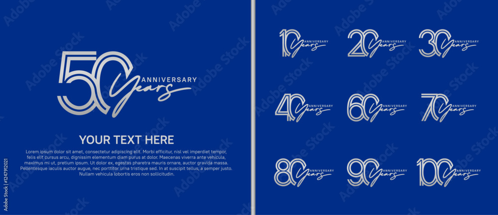 Naklejka premium logo anniversary set. silver color with handwriting on blue background for special event