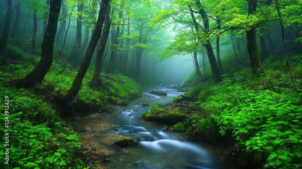 Fototapeta premium Serene Forest Stream: A Lush Green Landscape with Flowing Water