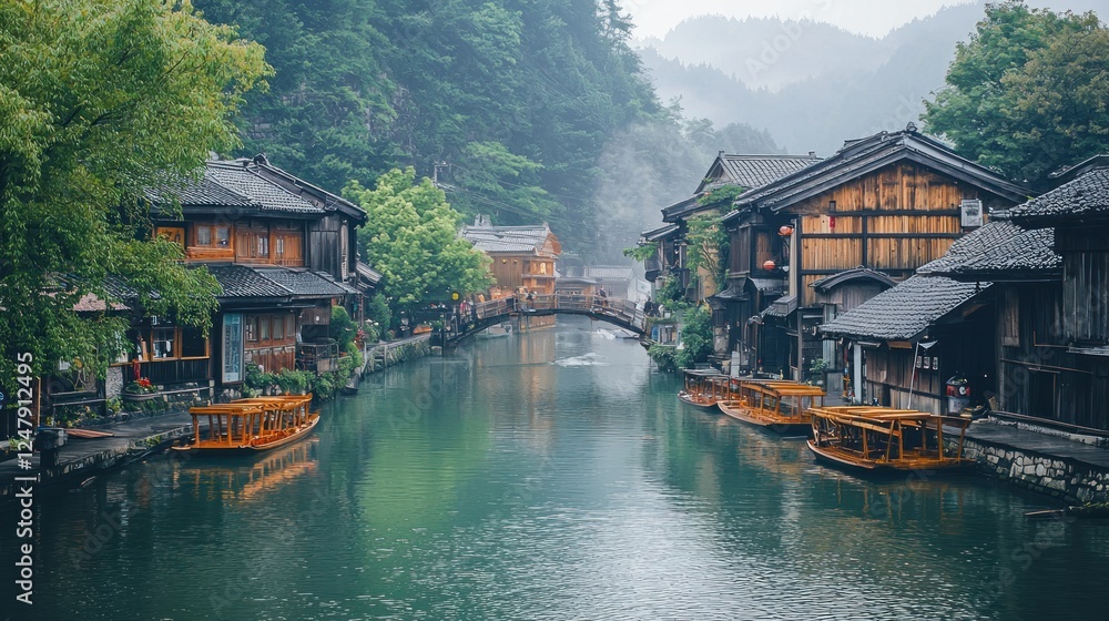 Fototapeta premium Misty Morning in a Picturesque Chinese Water Town