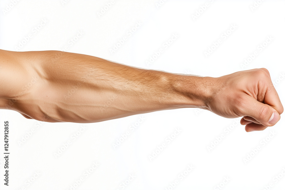 Selective focus bodybuilder arm with strong muscular isolated on white background, Muscle man with stretch forearm. Selective focus bodybuilder arm with strong muscular isolated on white background, Muscle man with stretch forearm.