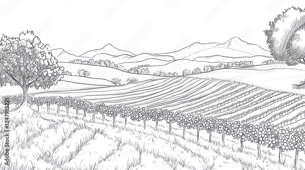 Fototapeta premium Rolling hills vineyard landscape sketch, idyllic rural scene