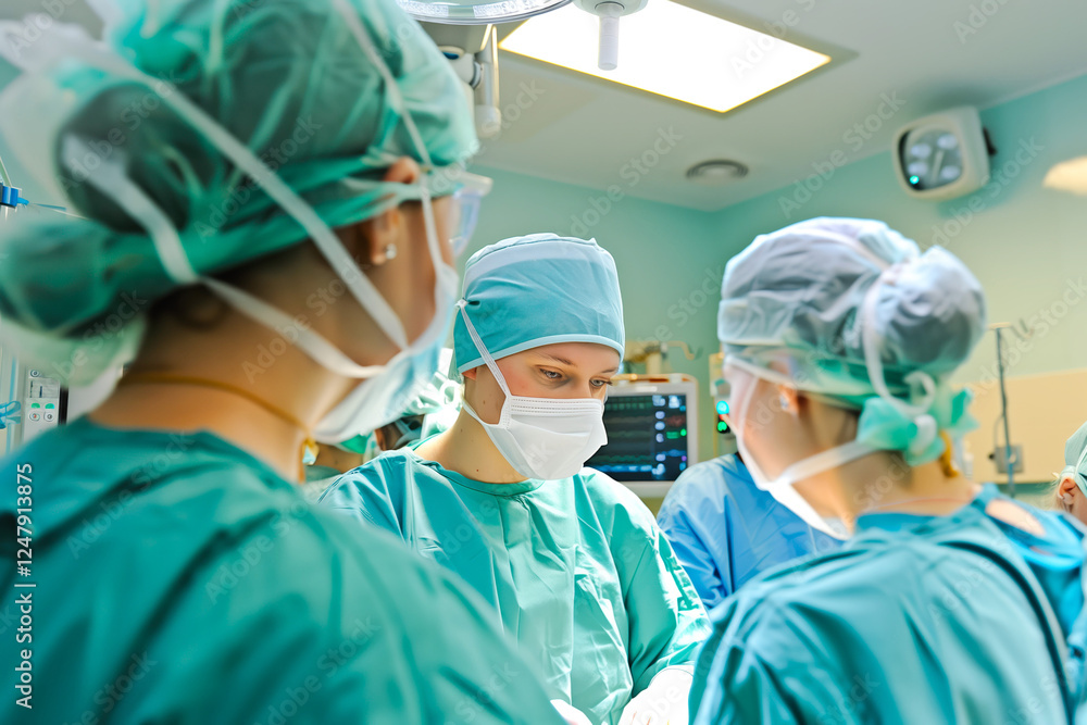 A surgeon in an operating room performing a procedure or surgery with other hospital staff. A surgeon in an operating room performing a procedure or surgery with other hospital staff.