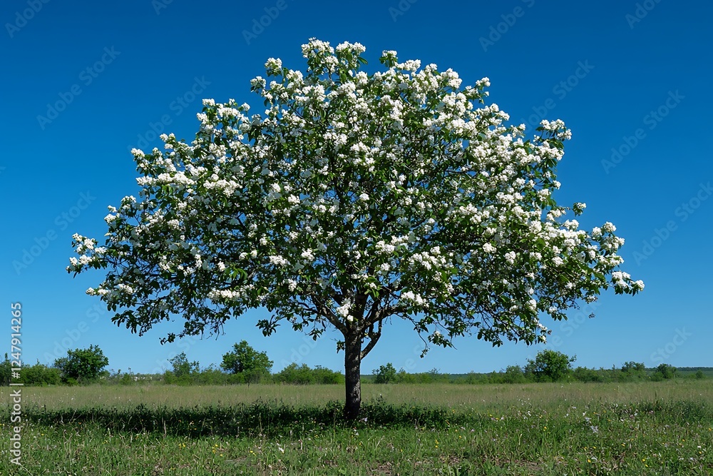 Blossoming Tree in Field Under Clear Blue Sky Blossoming Tree in Field Under Clear Blue Sky
