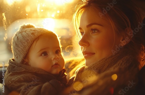 Warm Tender Moment of Young Asian Mother Interacting with Infant Son in Car Seat Fastening Safety Belts photo