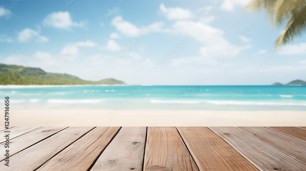 Fototapeta premium Wood table top and blurred summer beach and sky background.