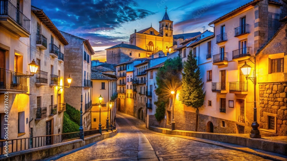 Fototapeta premium Cuenca Night Photography: Spanish World Heritage City Streetscapes, Illuminated Architecture, Night Cityscapes, Historic Buildings, Dark Night, City Lights