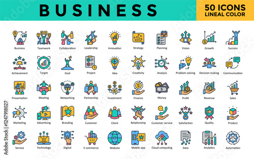 Business icon set with teamwork, collaboration, leadership, innovation, strategy, planning, vision, growth, success icon. Simple lineal color vector 
