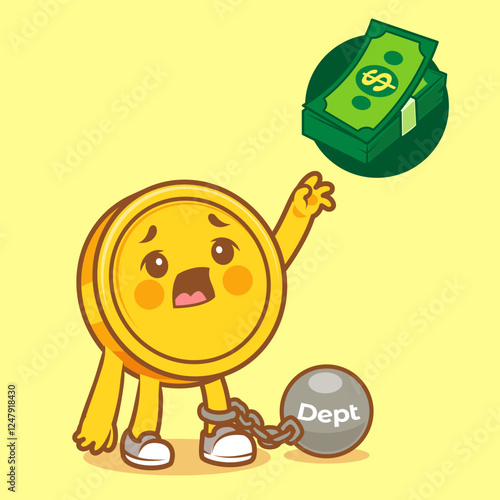 Sad coin character in debt with heavy chain vector illustration
