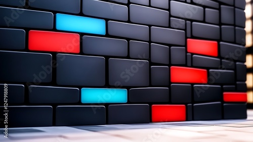 Wallpaper Mural Colorful abstract wall design featuring red and blue bricks against a dark background Torontodigital.ca