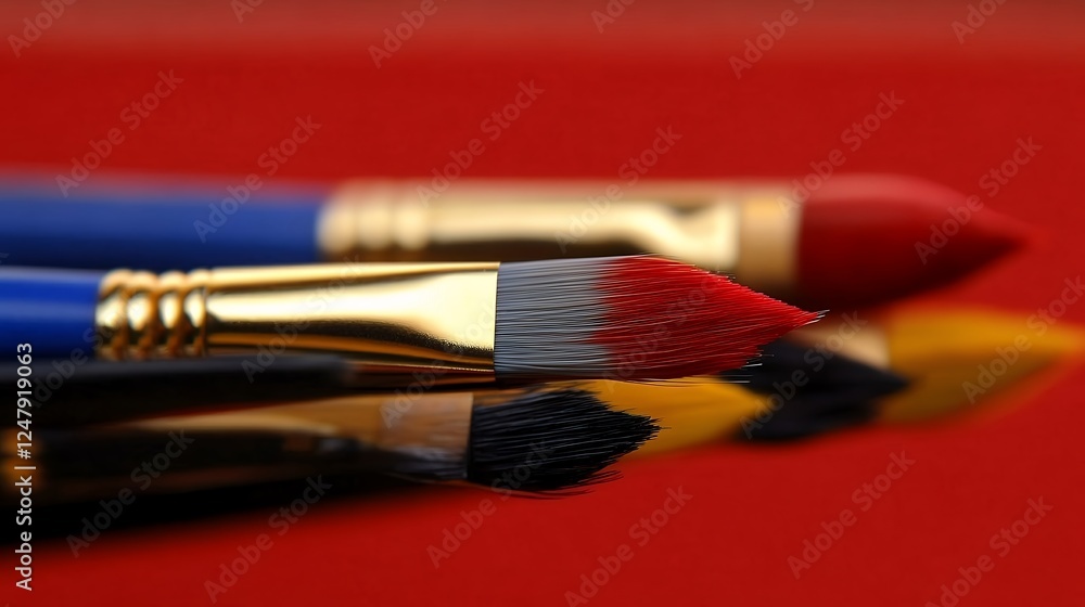 Fototapeta premium Closeup Paintbrushes In Red Background
