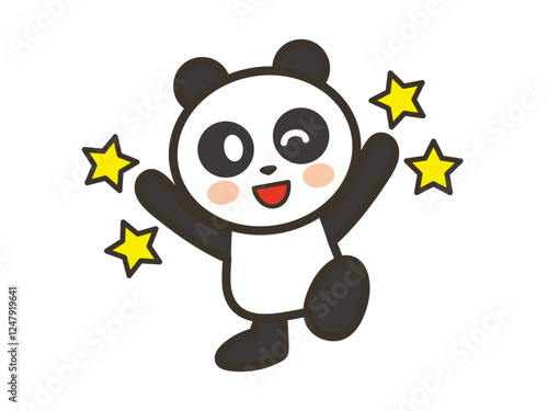 バンザイして大喜びするかわいいパンダと星のイラスト