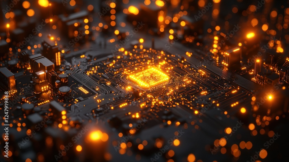 Obraz premium Glowing CPU on circuit board, tech background, digital future
