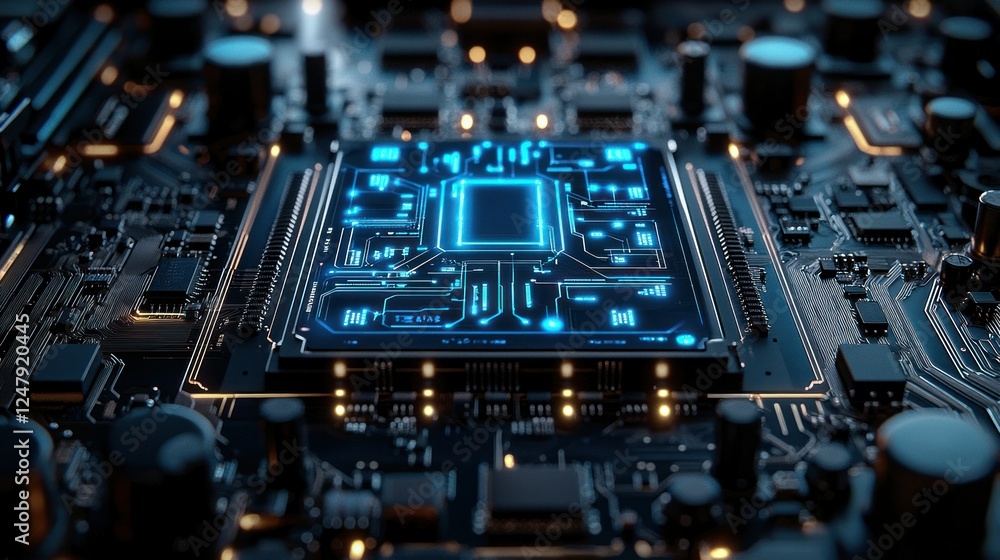 Glowing CPU on Circuit Board, Technology Background (1) Glowing CPU on Circuit Board, Technology Background (1)
