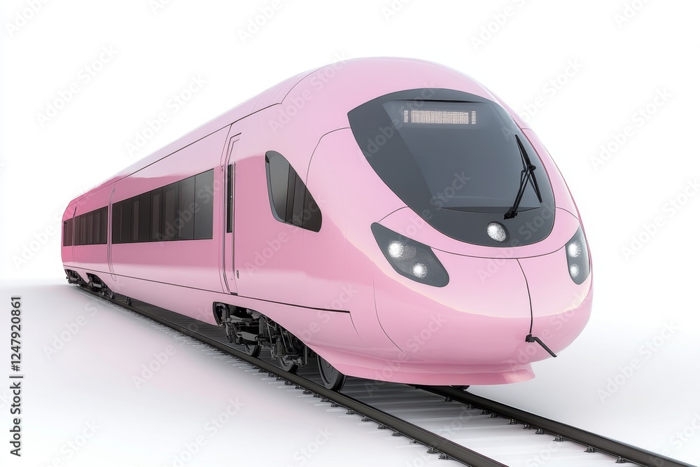 Naklejka premium Pink high-speed train on tracks, studio shot, transportation design