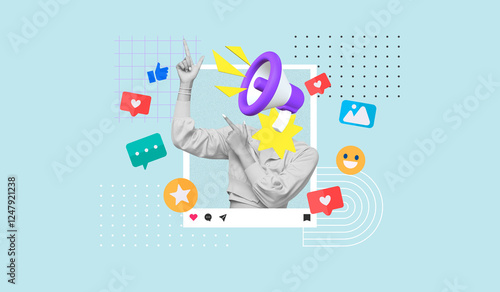 A woman with her face covered with a megaphone, Half-body photo posted on a social media frame, surrounded by social media icons, Influencer, Interacting with followers, Contemporary art collage