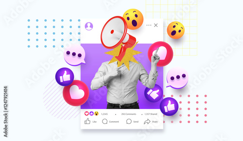 A man with her face covered with a megaphone, Half-body photo posted on a social media frame, surrounded by social media icons, Influencer, Interacting with followers, Contemporary art collage