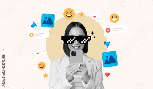 A woman playing with a smartphone happily, surrounded by social media icons, Influencer, Interacting with followers, Modern lifestyle, Contemporary art collage, Beige paper background