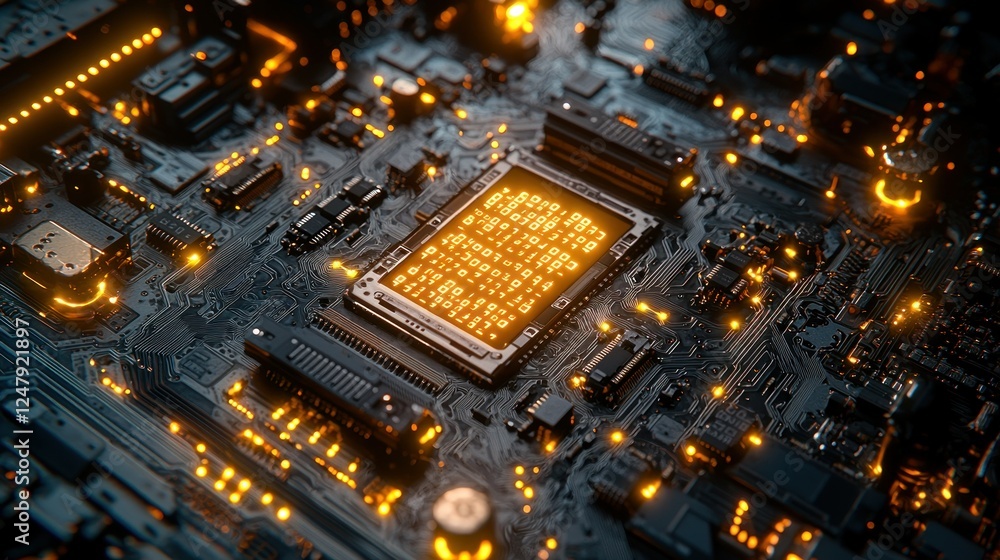 Obraz premium Glowing CPU on motherboard, data processing, technology
