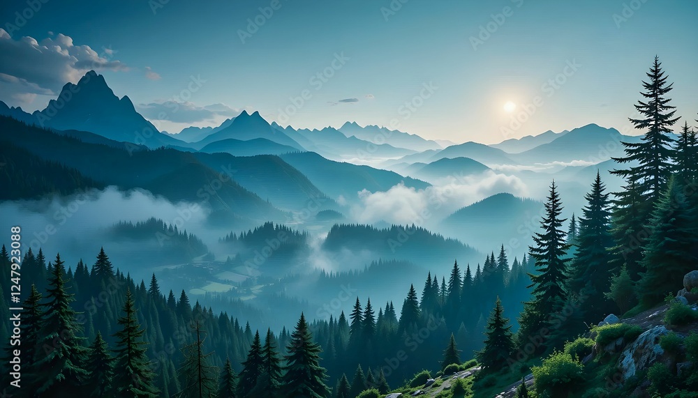 Early Morning Light Illuminating Layered Mountains, Engulfed in Mist, with Evergreen Trees in Foreground Early Morning Light Illuminating Layered Mountains, Engulfed in Mist, with Evergreen Trees in Foreground