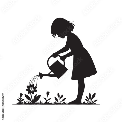 A girl watering her plants and flower vector