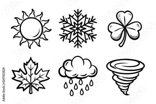 A set of hand-drawn seasonal symbols, including the sun, snowflake, clover, maple leaf, rain cloud, and tornado, in black outline style