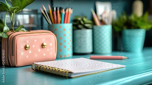 Wallpaper Mural A blue workspace with a notepad, a pink pencil case, and washi tape. Torontodigital.ca