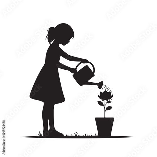 A girl watering her plants and flower vector