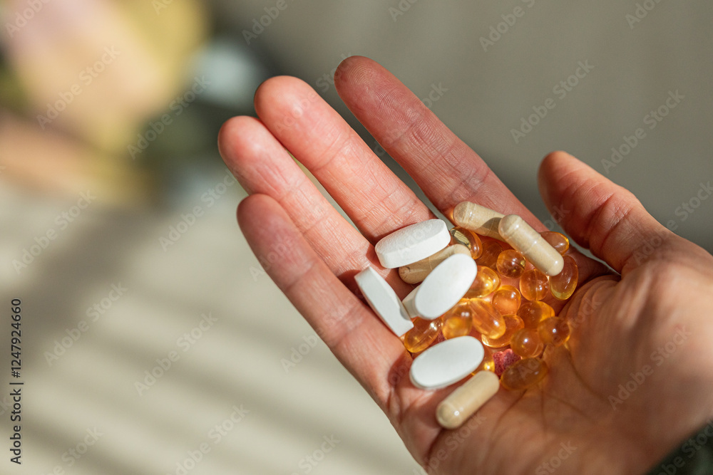 Close-Up of Hand Holding Health Supplements Close-Up of Hand Holding Health Supplements