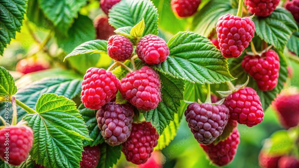 Macro Photography: Vibrant Raspberry Branches - Red, Purple Berries, Lush Green Leaves Macro Photography: Vibrant Raspberry Branches - Red, Purple Berries, Lush Green Leaves
