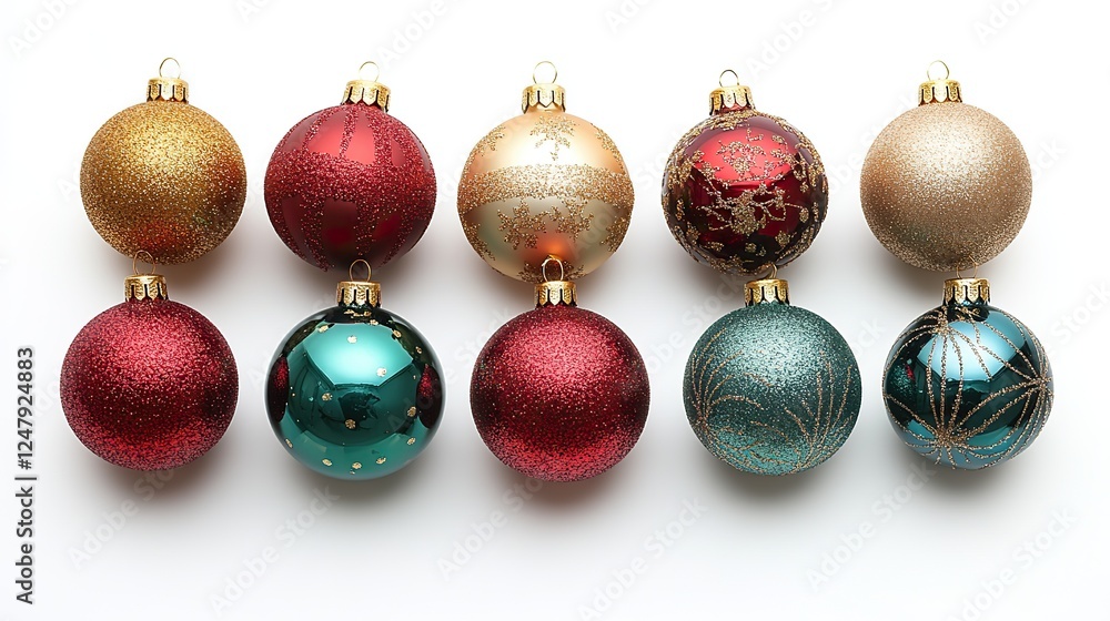 A Christmas decorations concept A top view photo of red, green, and gold baubles, arranged on an isolated white background. A Christmas decorations concept A top view photo of red, green, and gold baubles, arranged on an isolated white background.