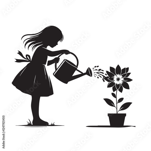 A girl watering her plants and flower vector