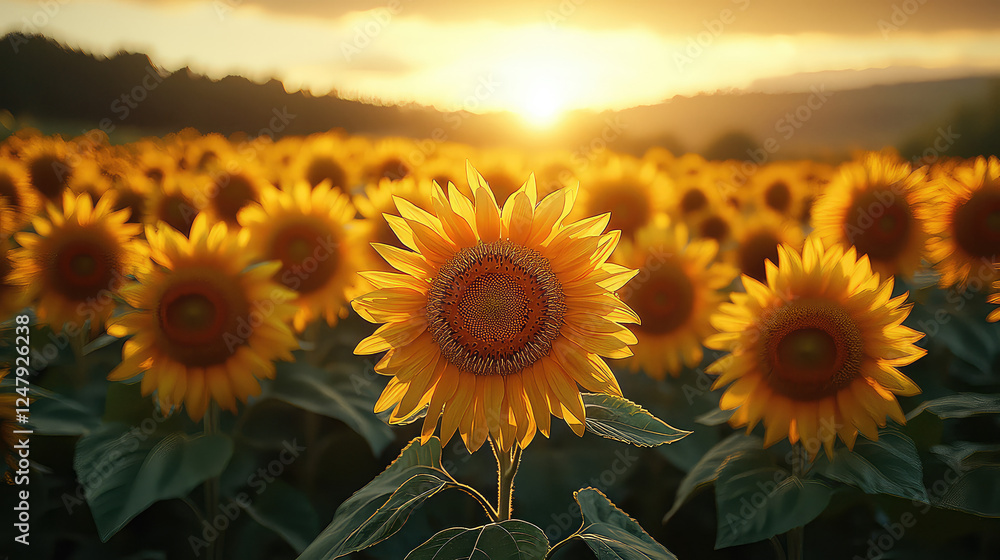 Fototapeta premium Vibrant sunflowers bask in golden sunset light. A field of sunflowers stretches to the horizon.