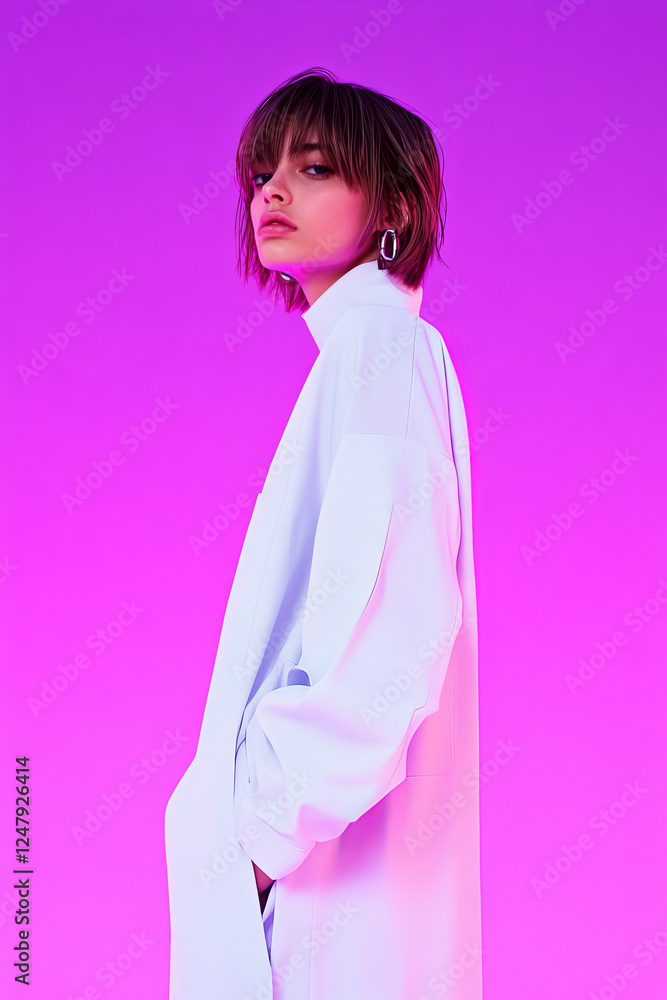 Portrait of a stylish woman standing against a gradient magenta and pink background, showcasing modern fashion. The lighting emphasizes the outfit, creating a captivating contemporary aesthetic. Portrait of a stylish woman standing against a gradient magenta and pink background, showcasing modern fashion. The lighting emphasizes the outfit, creating a captivating contemporary aesthetic.