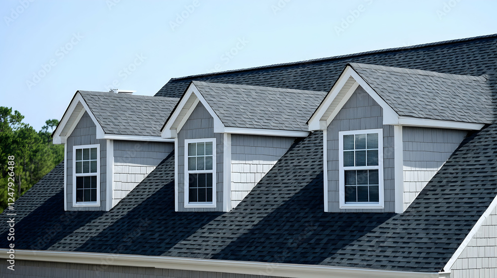 Gray shingle roof with three dormer windows, sunny day Gray shingle roof with three dormer windows, sunny day