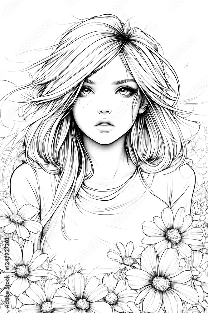 A woman with long blonde hair and a flowery background. The woman has a sad expression on her face A woman with long blonde hair and a flowery background. The woman has a sad expression on her face