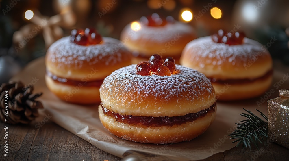 A festive Hanukkah setting featuring dreidels, a gift box with a ribbon, and a delicious jelly donut, perfect for capturing the spirit of the Jewish holiday and its culinary delights. A festive Hanukkah setting featuring dreidels, a gift box with a ribbon, and a delicious jelly donut, perfect for capturing the spirit of the Jewish holiday and its culinary delights.