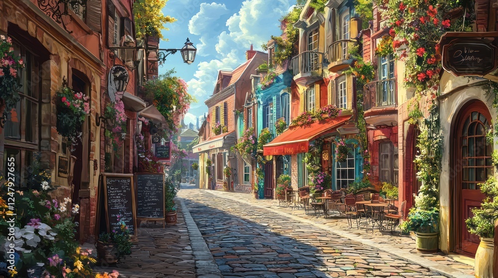 Obraz premium Charming European Street Scene: A Sun-Drenched Cobblestone Lane Filled with Vibrant Flowers and Quaint Cafes
