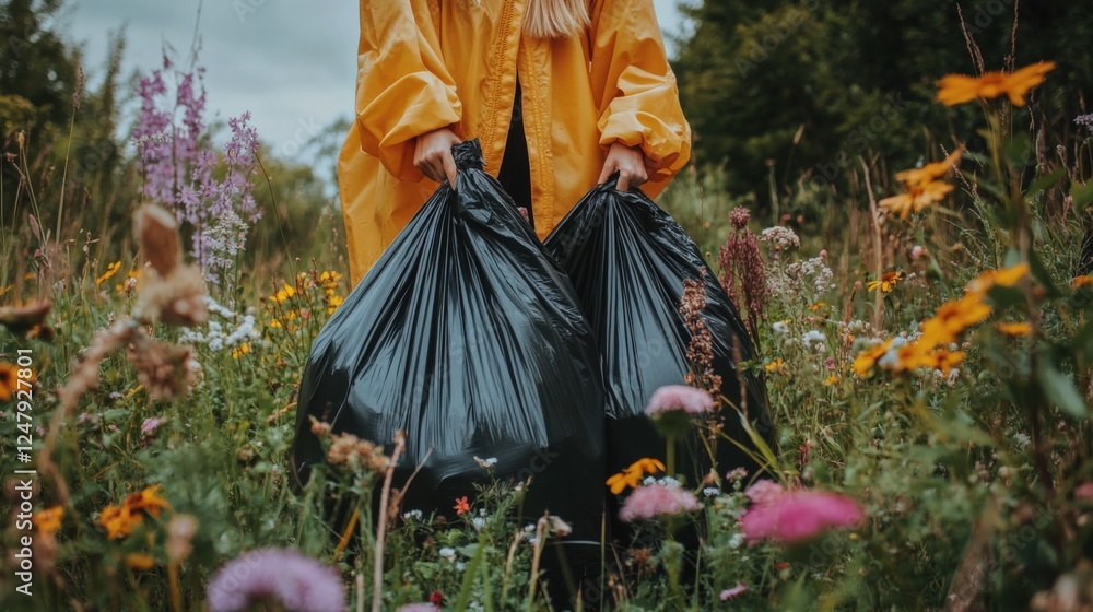 Person in Yellow Raincoat Collecting Trash in Beautiful Garden Person in Yellow Raincoat Collecting Trash in Beautiful Garden