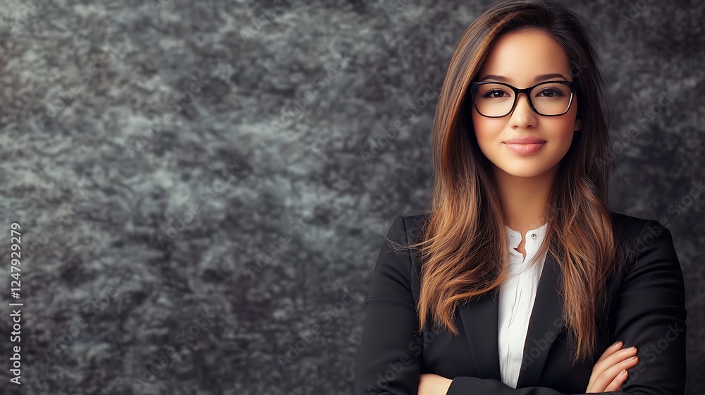 Confident businesswoman in formal attire poses against a textured gray background, exuding professionalism Confident businesswoman in formal attire poses against a textured gray background, exuding professionalism