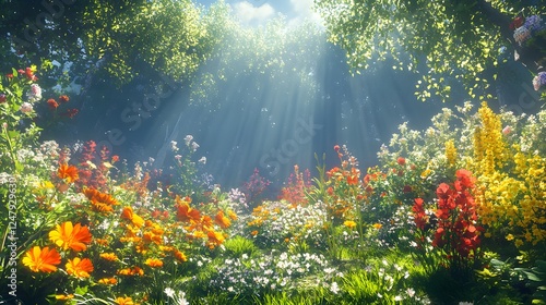 Chaotic gardens wild flora thrive in vibrant disar a colorful field of flowers under sunlight in a serene landscape setting photo