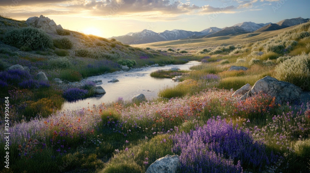Fototapeta premium Tranquil River Flowing Through a Blooming Meadow at Sunset Serenity