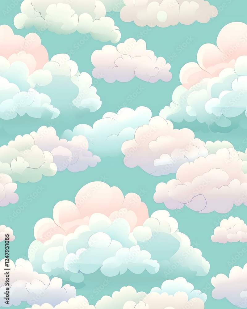 Seamless Pattern A soft pastel cloud pattern against a soothing teal background. Seamless Pattern A soft pastel cloud pattern against a soothing teal background.