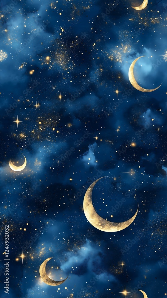 Naklejka premium Seamless Pattern Deep navy sky with scattered golden moons and stars for creative backgrounds.