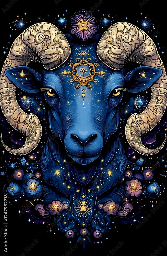 Naklejka premium A blue ram with gold decorations on its face. The ram is surrounded by stars and flowers. The image has a dreamy, mystical feel to it