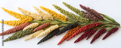 Colorful millet ears arranged artistically on white background, showcasing variety of hues including yellow, green, red, and brown. This vibrant display highlights beauty of natural grains