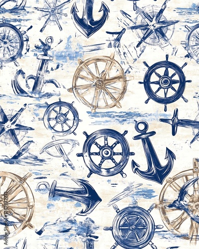 Seamless Pattern Intricate nautical pattern featuring anchors and ship wheels in blue and beige tones.